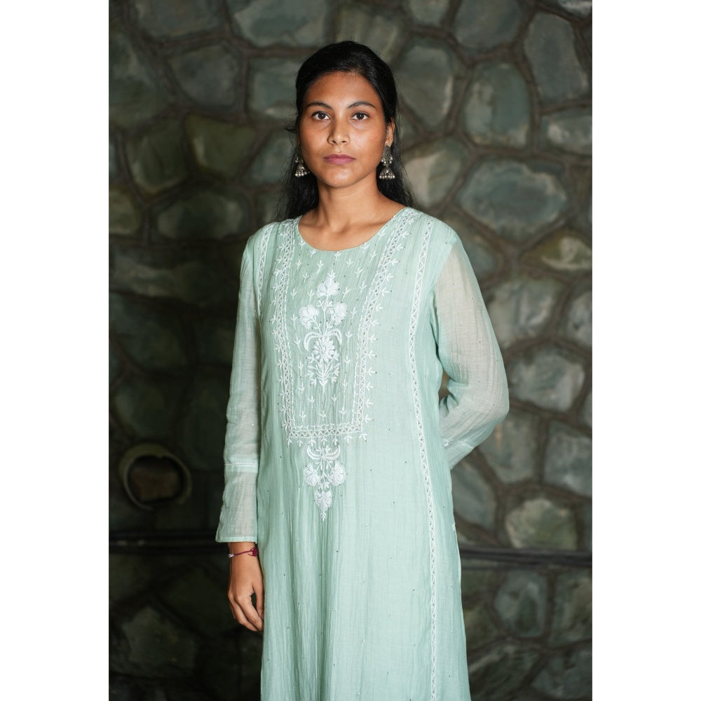 PANTS AND PAJAMAS Aqua Chikan Chanderi Mull Kurta & Cotton Silk Pant (Set of 2)