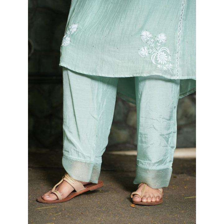 PANTS AND PAJAMAS Aqua Chikan Chanderi Mull Kurta & Cotton Silk Pant (Set of 2)