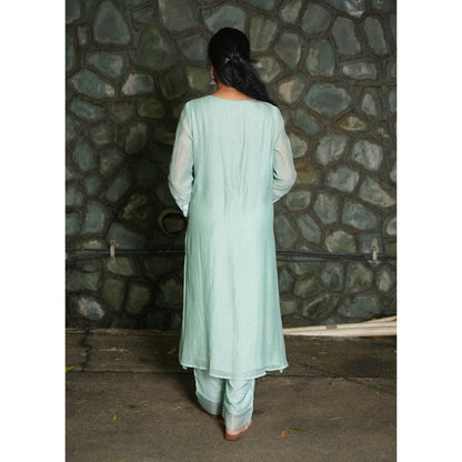 PANTS AND PAJAMAS Aqua Chikan Chanderi Mull Kurta & Cotton Silk Pant (Set of 2)