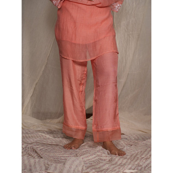 PANTS AND PAJAMAS Peach Chikan Chanderi Mull Kurta & Cotton Silk Pant (Set of 2)