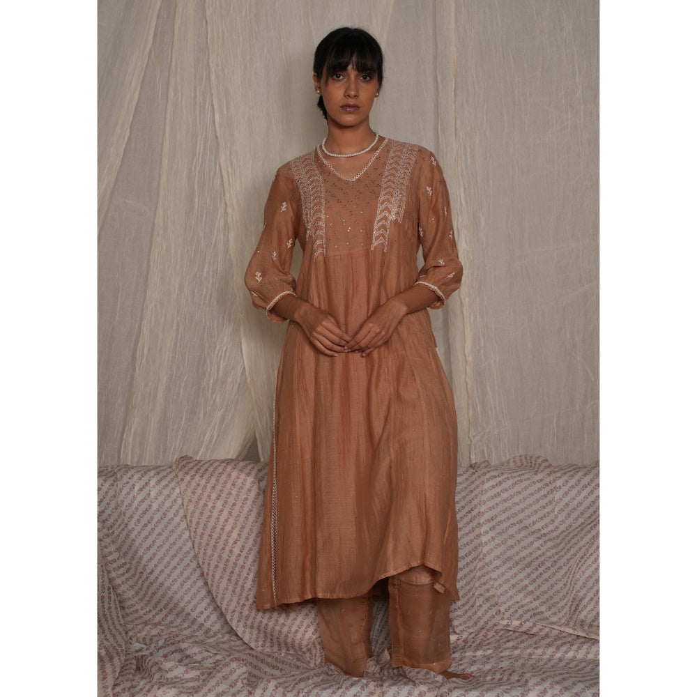 PANTS AND PAJAMAS Beige Chikan Chanderi Mull Kurta & Cotton Silk Pant (Set of 2)