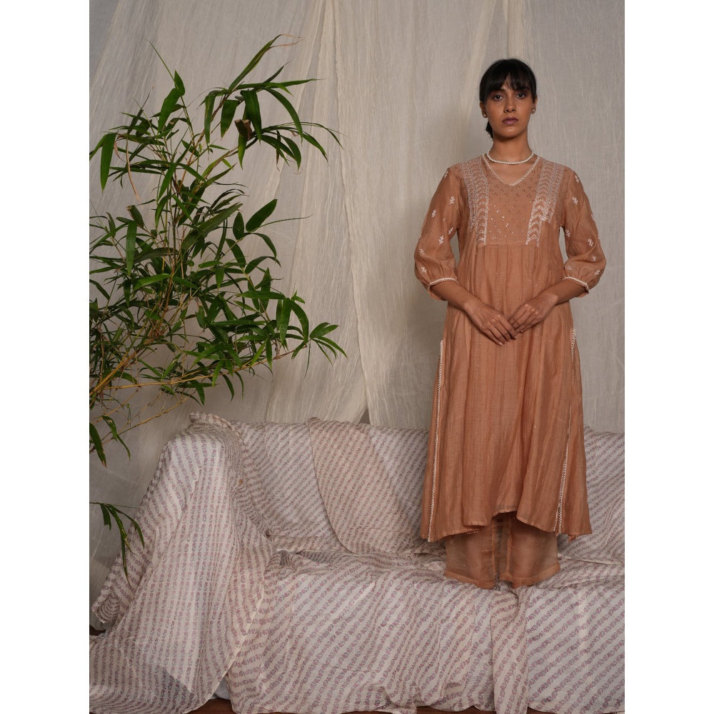PANTS AND PAJAMAS Beige Chikan Chanderi Mull Kurta & Cotton Silk Pant (Set of 2)