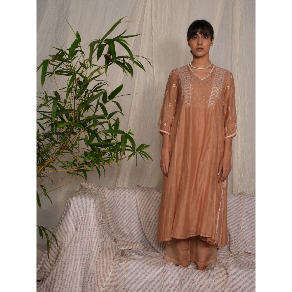 PANTS AND PAJAMAS Beige Chikan Chanderi Mull Kurta & Cotton Silk Pant (Set of 2)