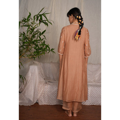 PANTS AND PAJAMAS Beige Chikan Chanderi Mull Kurta & Cotton Silk Pant (Set of 2)