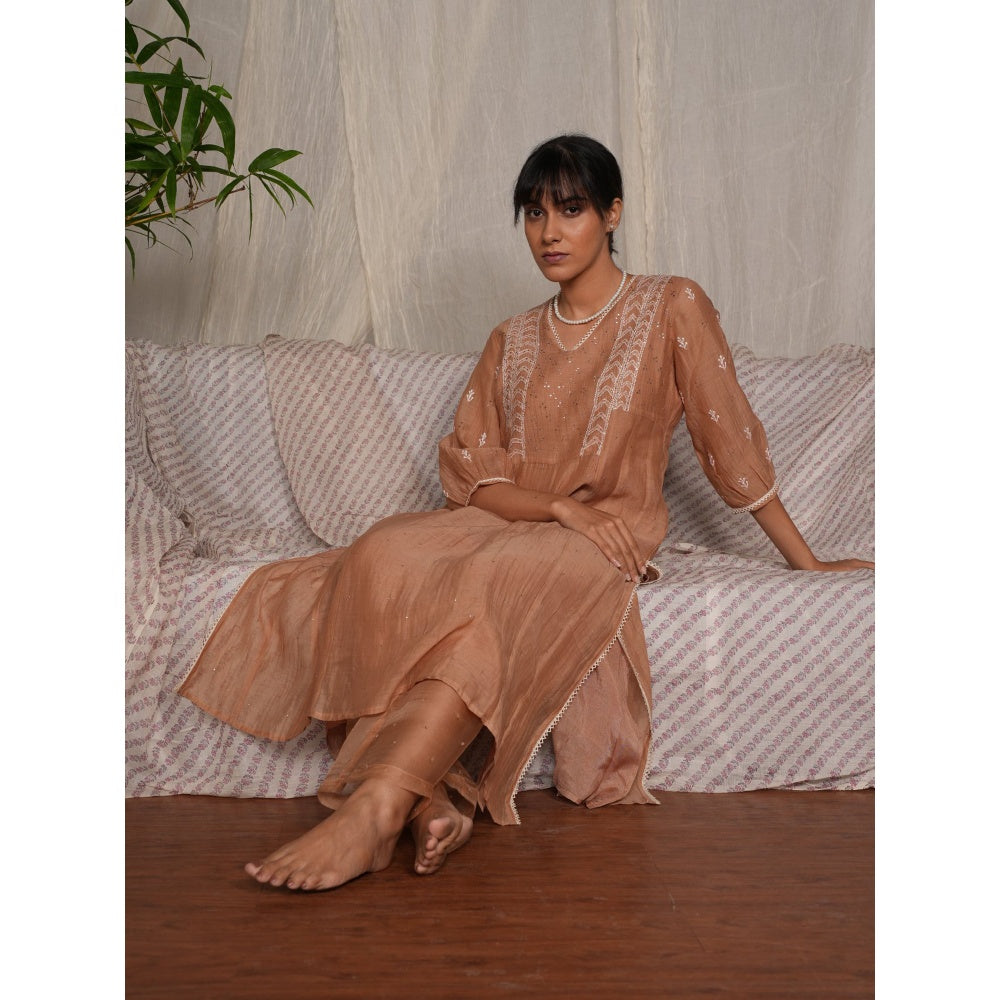 PANTS AND PAJAMAS Beige Chikan Chanderi Mull Kurta & Cotton Silk Pant (Set of 2)