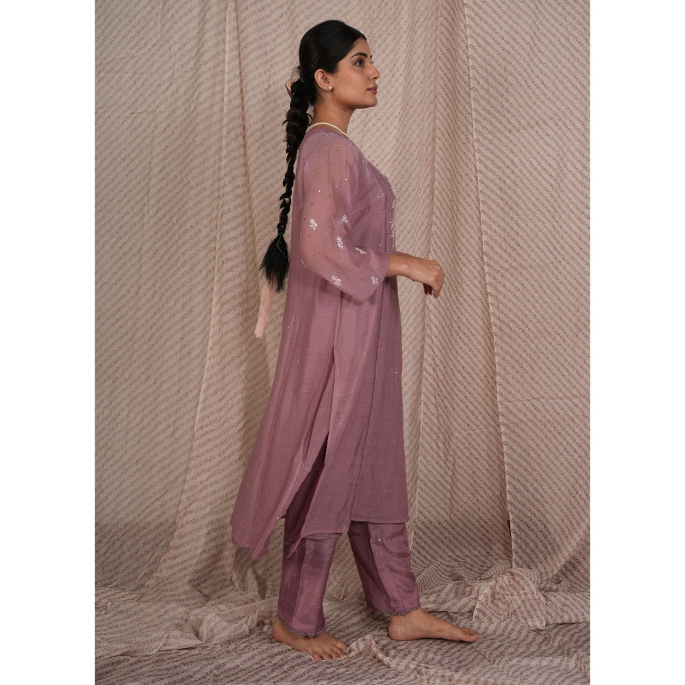 PANTS AND PAJAMAS Lilac Chikan Chanderi Mul Kurta & Cotton Silk Pant (Set of 2)