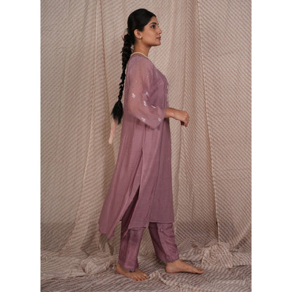 PANTS AND PAJAMAS Lilac Chikan Chanderi Mul Kurta & Cotton Silk Pant (Set of 2)
