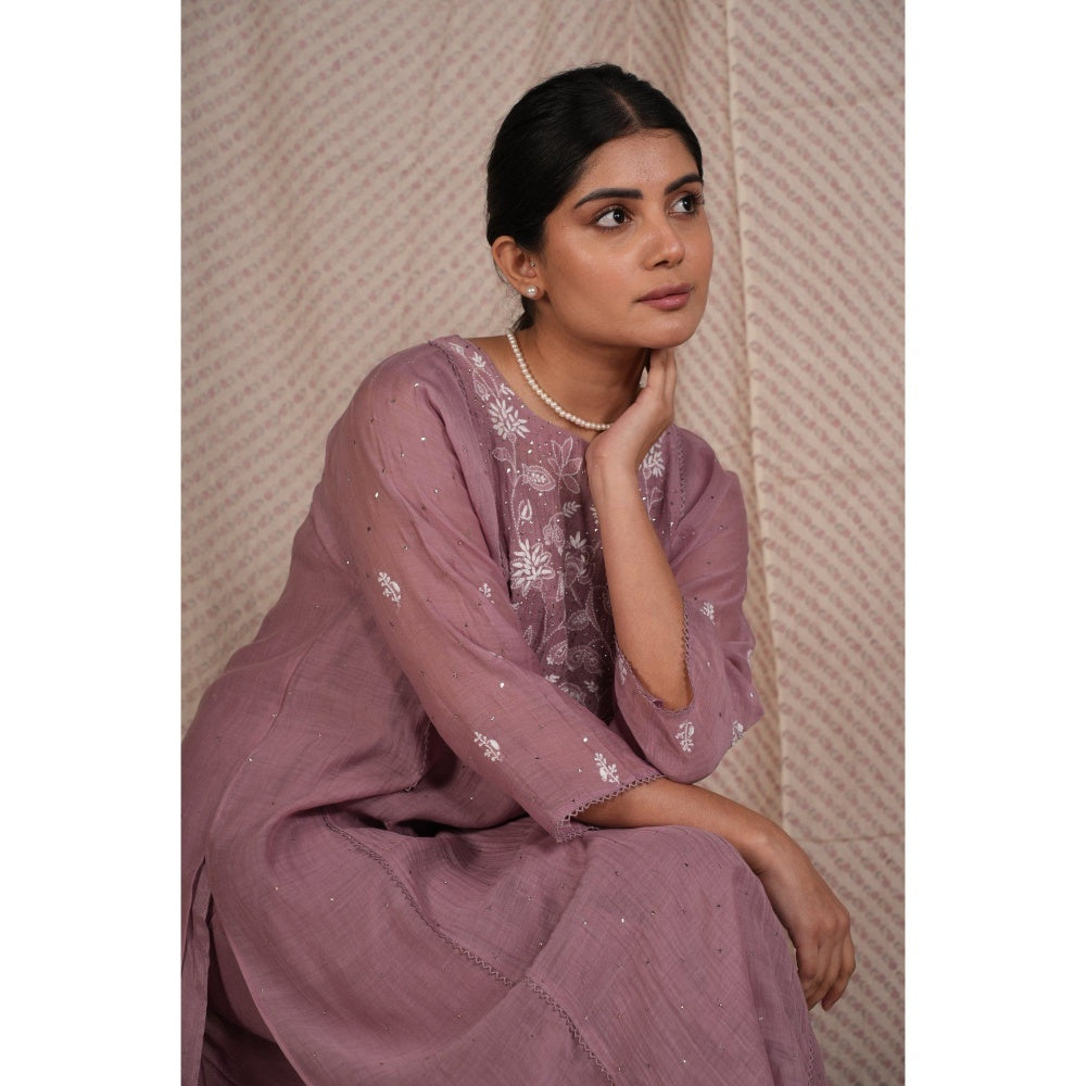 PANTS AND PAJAMAS Lilac Chikan Chanderi Mul Kurta & Cotton Silk Pant (Set of 2)