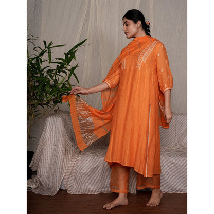 PANTS AND PAJAMAS Orange Chikan Chanderi Mull Kurta & Cotton Silk Pant (Set of 2)