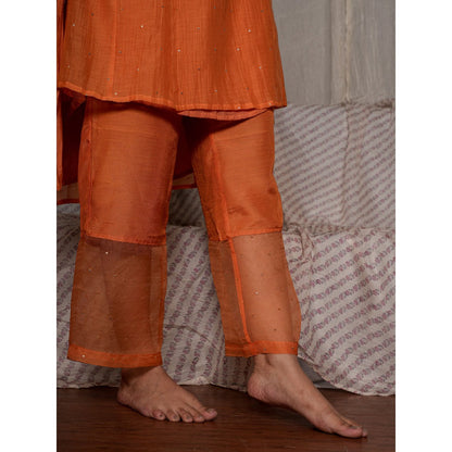 PANTS AND PAJAMAS Orange Chikan Chanderi Mull Kurta & Cotton Silk Pant (Set of 2)