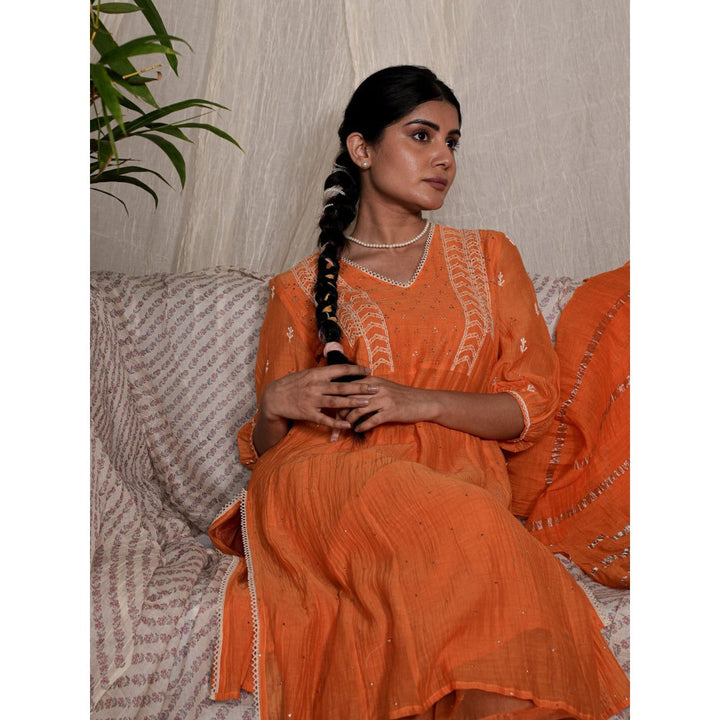 PANTS AND PAJAMAS Orange Chikan Chanderi Mull Kurta & Cotton Silk Pant (Set of 2)