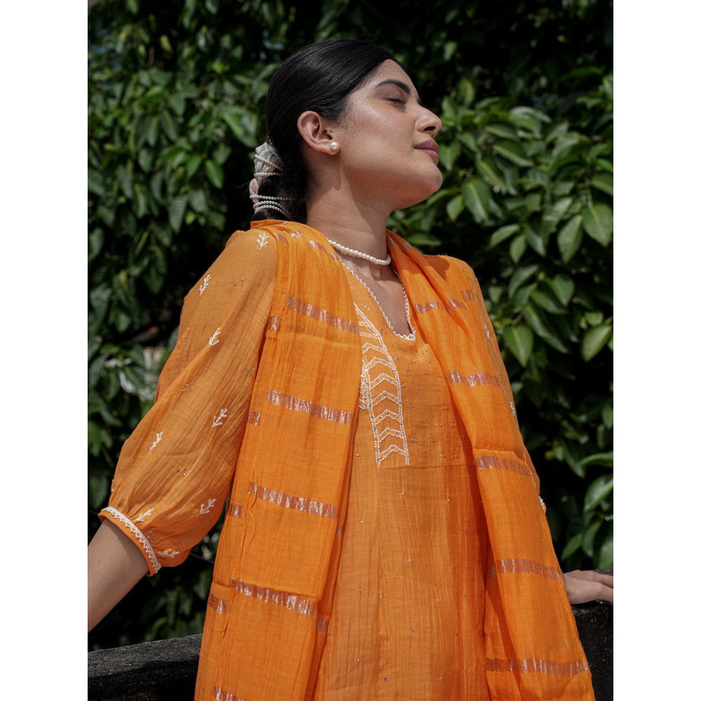 PANTS AND PAJAMAS Orange Chikan Chanderi Mull Kurta & Cotton Silk Pant (Set of 2)