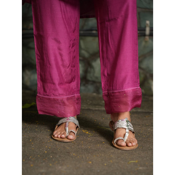 PANTS AND PAJAMAS Berry Chikan Chanderi Mull Kurta & Cotton Silk Pant (Set of 2)