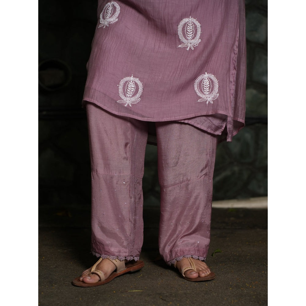 PANTS AND PAJAMAS Lilac Chikan Chanderi Mull Kurta & Cotton Silk Pant (Set of 2)