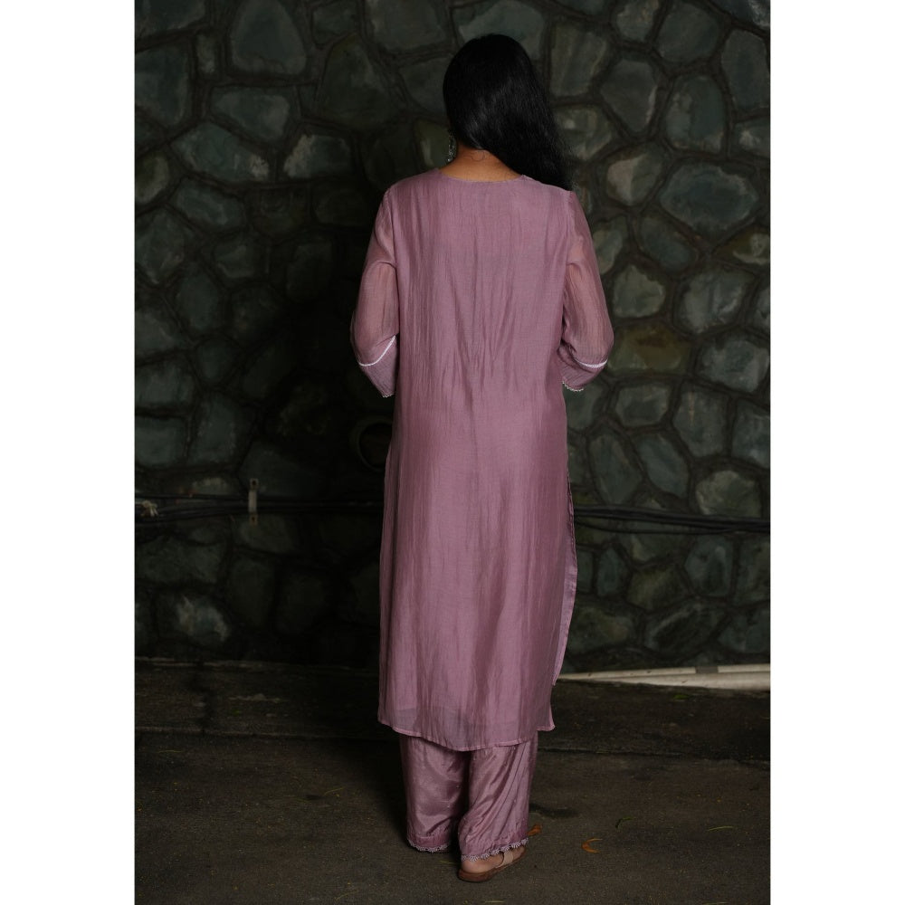 PANTS AND PAJAMAS Lilac Chikan Chanderi Mull Kurta & Cotton Silk Pant (Set of 2)