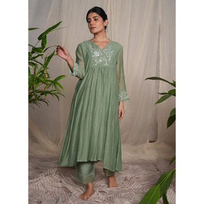 PANTS AND PAJAMAS Moss Green Chikan Chanderi Mull Kurta & Cotton Silk Pant (Set of 2)