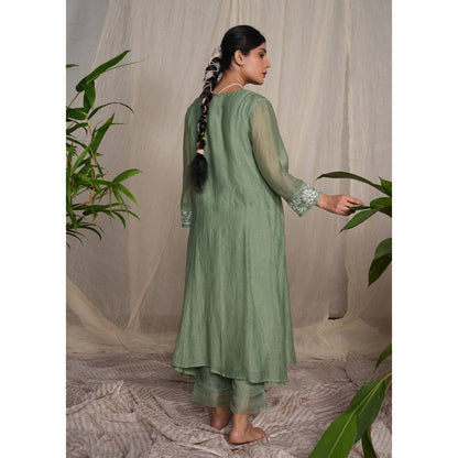 PANTS AND PAJAMAS Moss Green Chikan Chanderi Mull Kurta & Cotton Silk Pant (Set of 2)