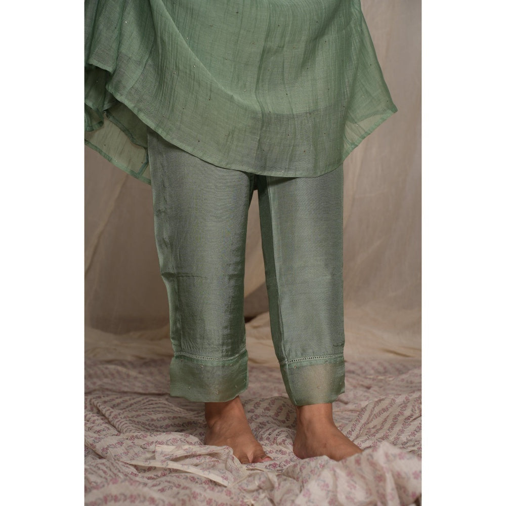 PANTS AND PAJAMAS Moss Green Chikan Chanderi Mull Kurta & Cotton Silk Pant (Set of 2)