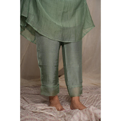 PANTS AND PAJAMAS Moss Green Chikan Chanderi Mull Kurta & Cotton Silk Pant (Set of 2)