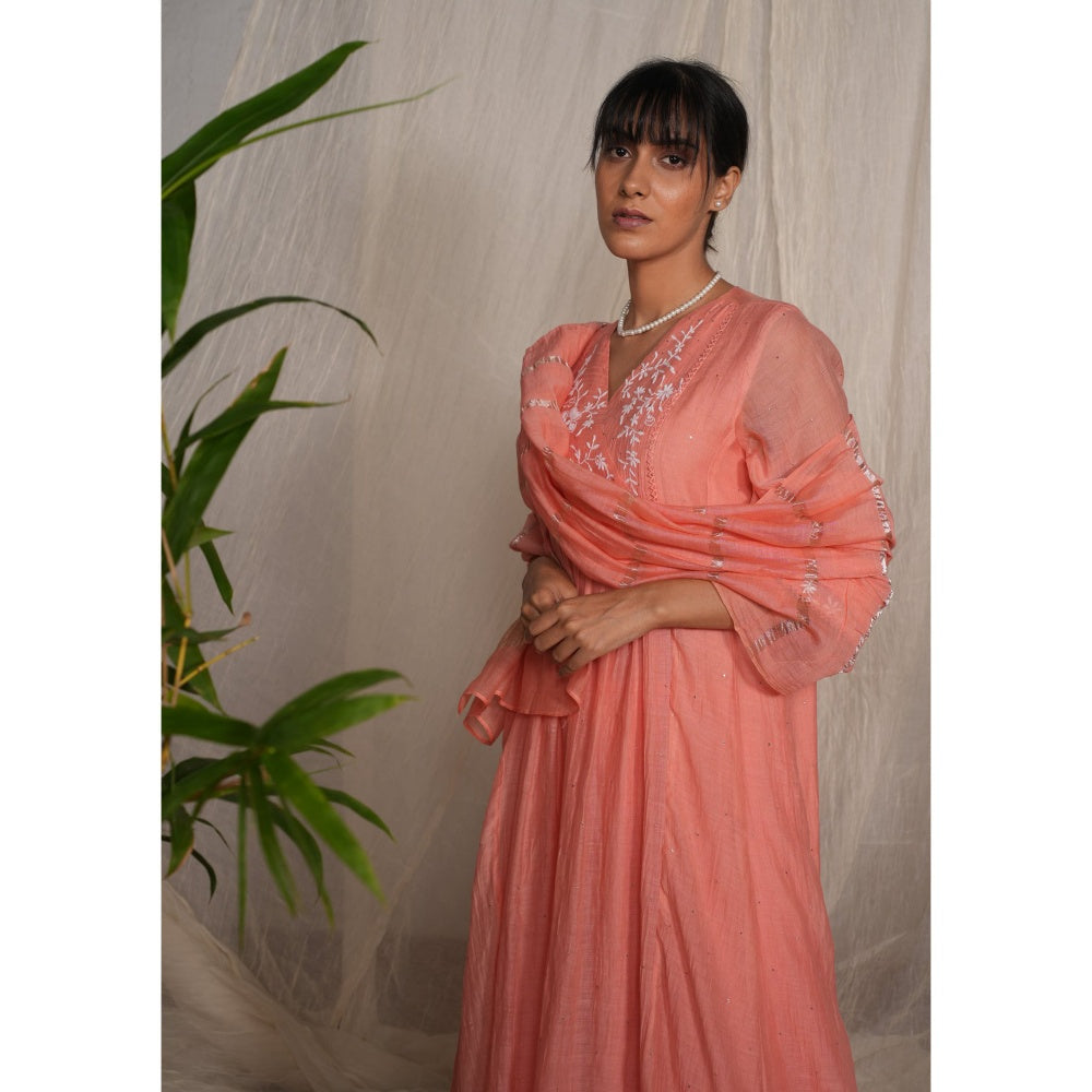 PANTS AND PAJAMAS Peach Chikan Embroidered Kurta (Set of 3)