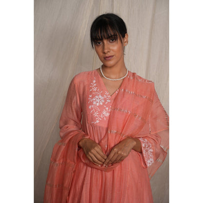 PANTS AND PAJAMAS Peach Chikan Embroidered Kurta (Set of 3)