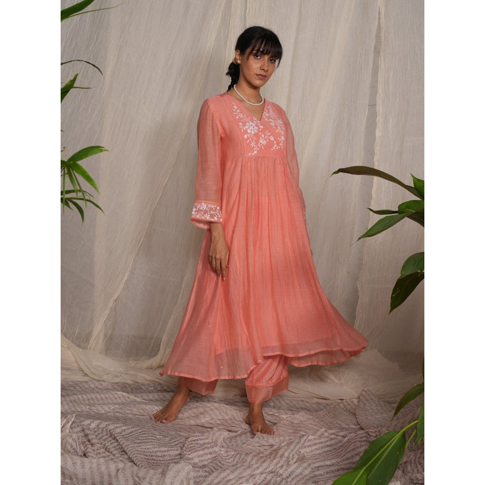 PANTS AND PAJAMAS Peach Chikan Embroidered Kurta (Set of 3)