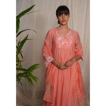 PANTS AND PAJAMAS Peach Chikan Embroidered Kurta (Set of 3)