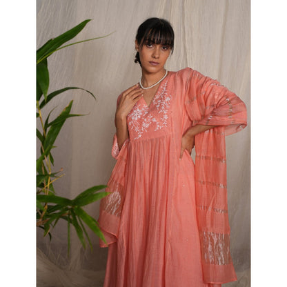 PANTS AND PAJAMAS Peach Chikan Embroidered Kurta (Set of 3)