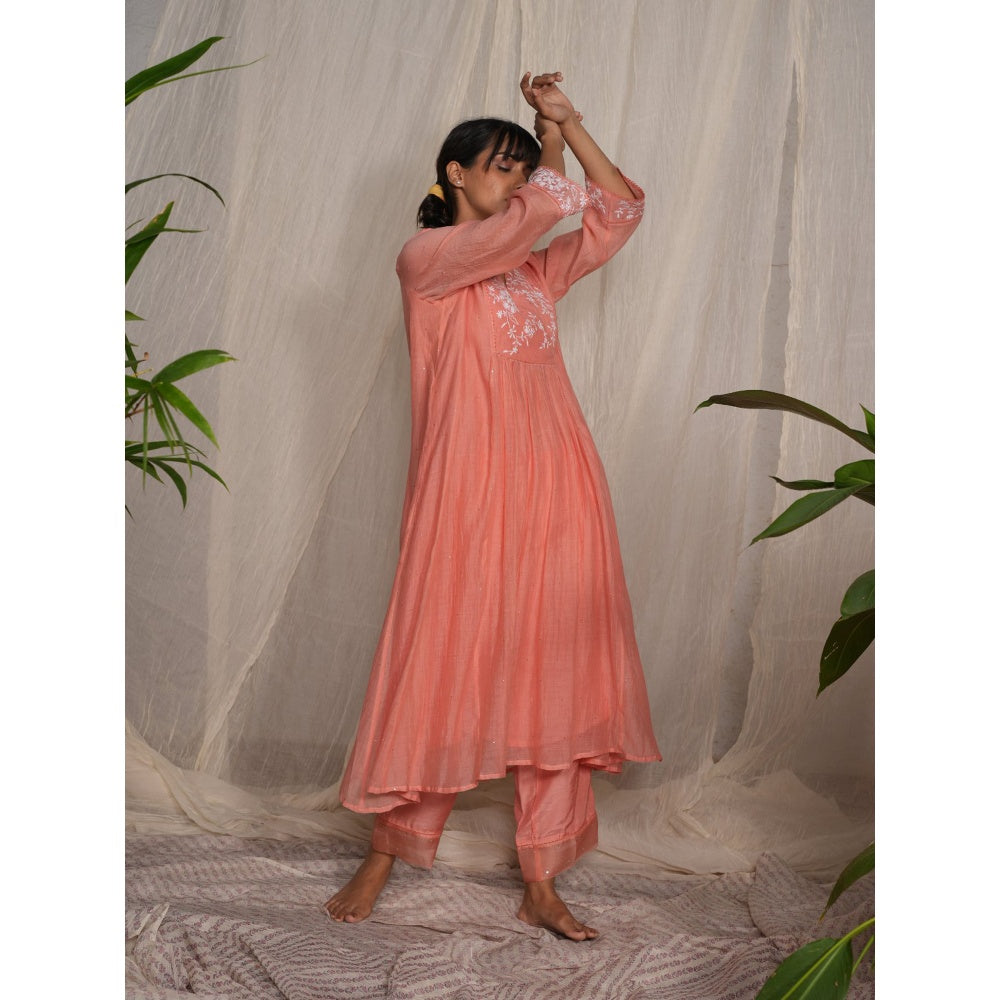PANTS AND PAJAMAS Peach Chikan Embroidered Kurta (Set of 3)