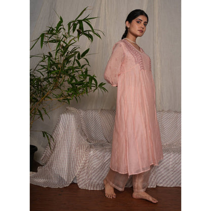 PANTS AND PAJAMAS Blushpink Chikan Chanderi Mull Kurta