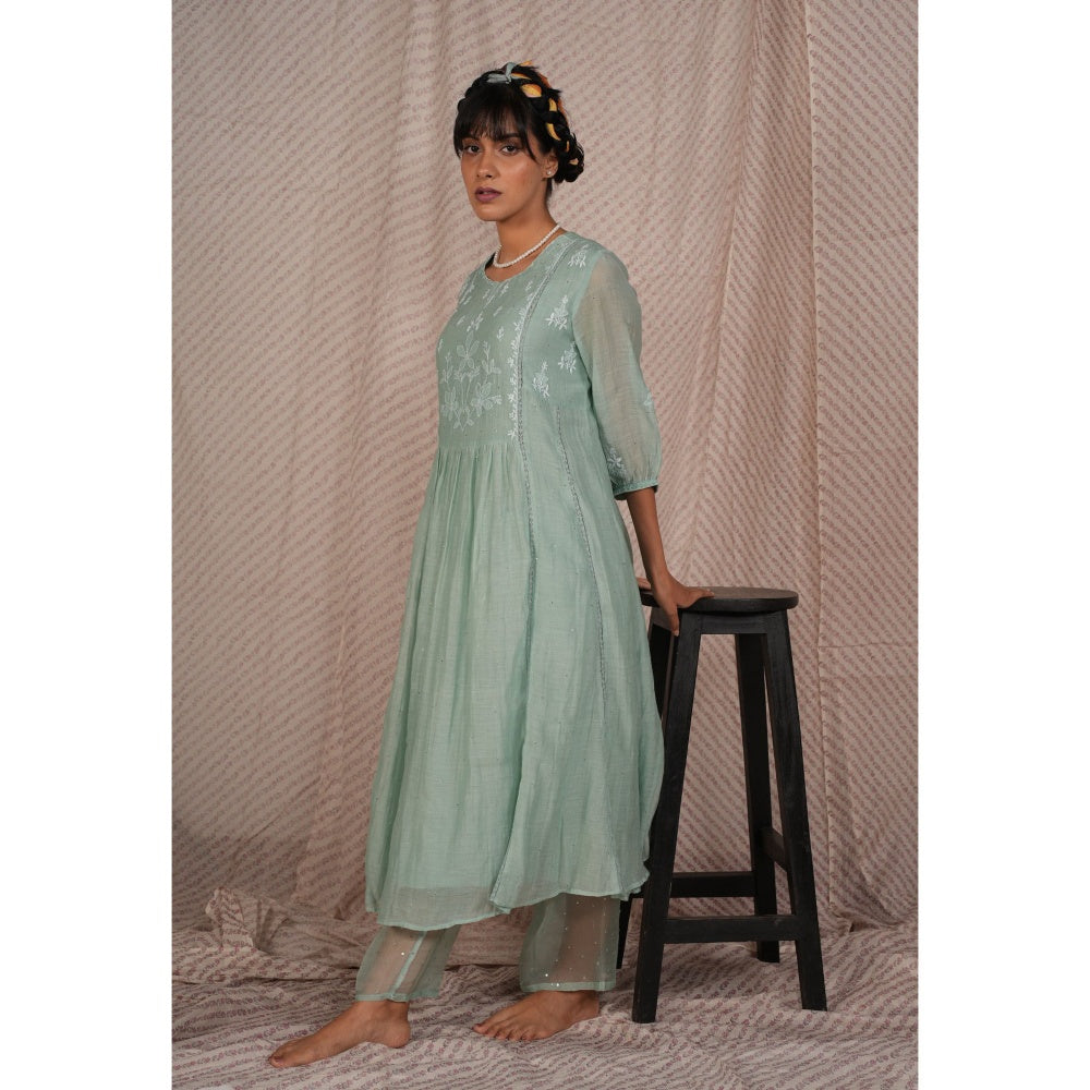 PANTS AND PAJAMAS Aqua Chikan Chanderi Mull Kurta