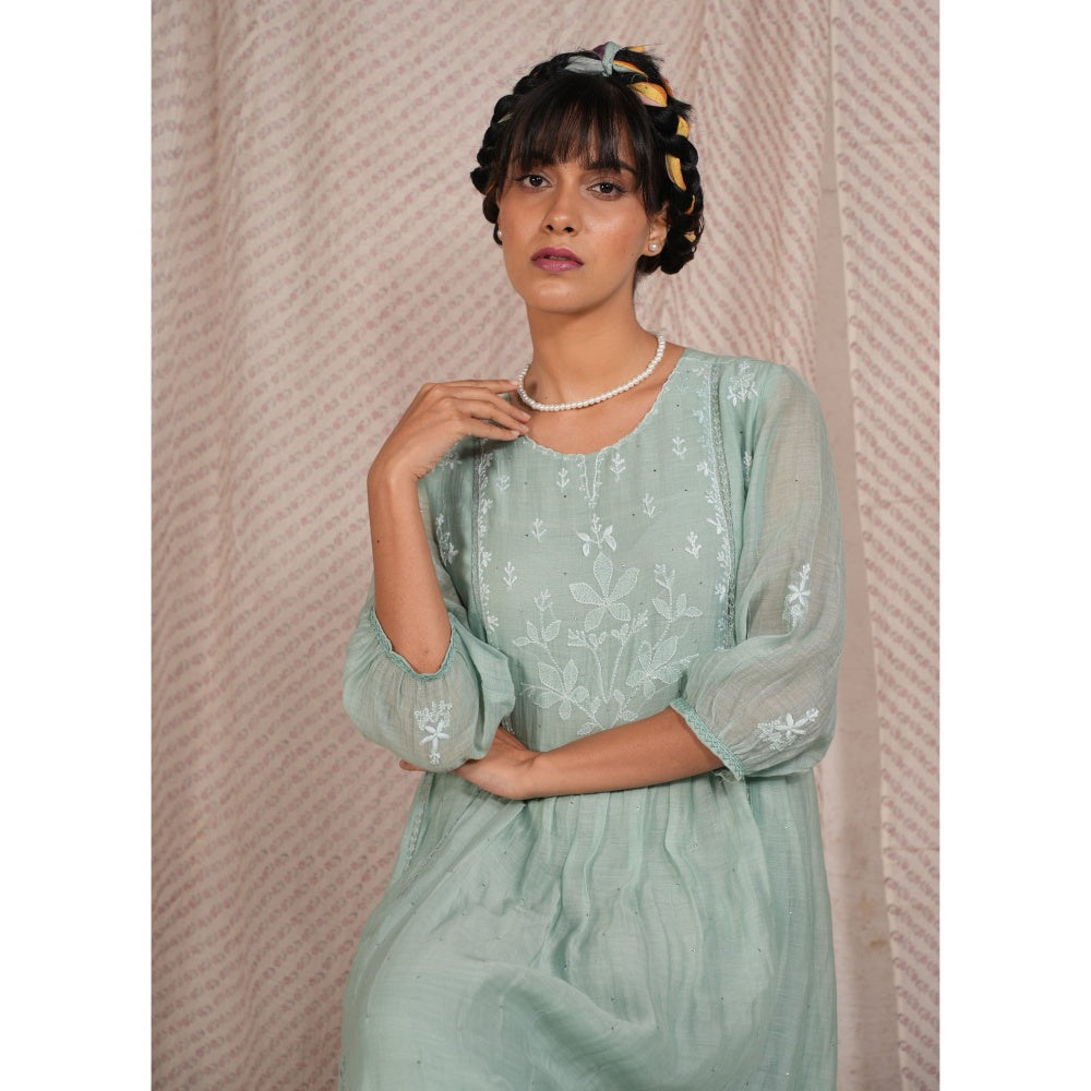 PANTS AND PAJAMAS Aqua Chikan Chanderi Mull Kurta