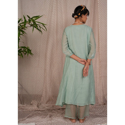 PANTS AND PAJAMAS Aqua Chikan Chanderi Mull Kurta
