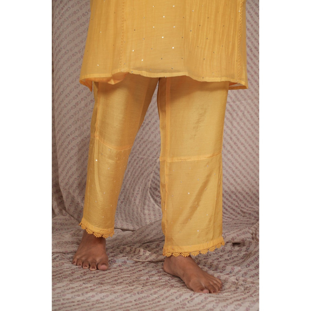 PANTS AND PAJAMAS Yellow Chikan Chanderi Mul Kurta