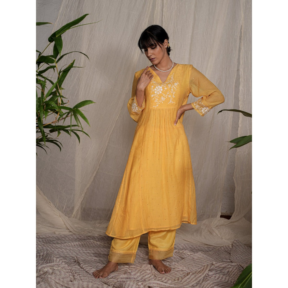 PANTS AND PAJAMAS Yellow Chikan Chanderi Mull Kurta