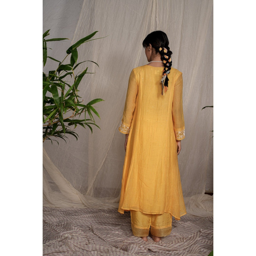 PANTS AND PAJAMAS Yellow Chikan Chanderi Mull Kurta