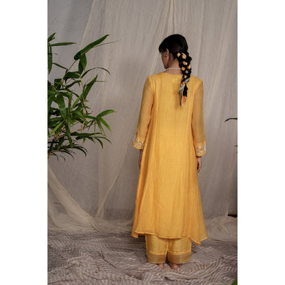PANTS AND PAJAMAS Yellow Chikan Chanderi Mull Kurta