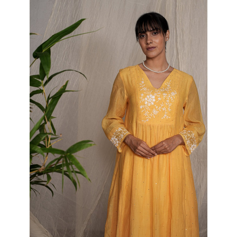 PANTS AND PAJAMAS Yellow Chikan Chanderi Mull Kurta