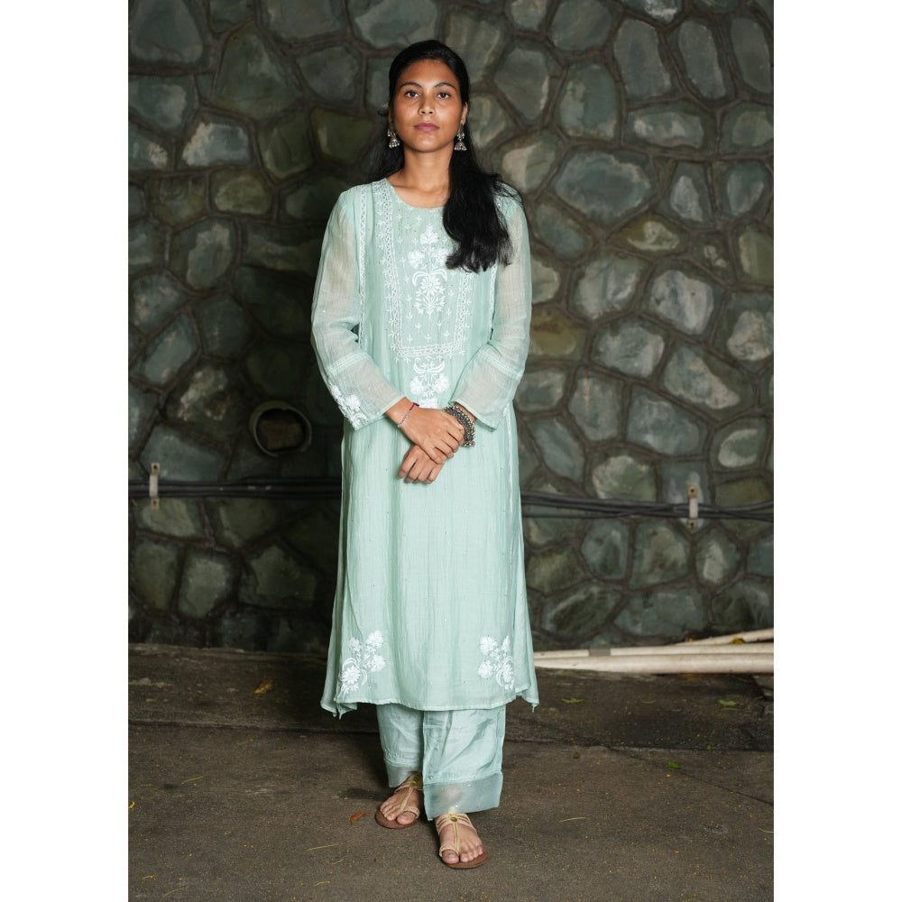 PANTS AND PAJAMAS Aqua Chikan Chanderi Mull Kurta