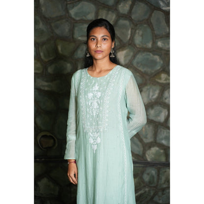 PANTS AND PAJAMAS Aqua Chikan Chanderi Mull Kurta