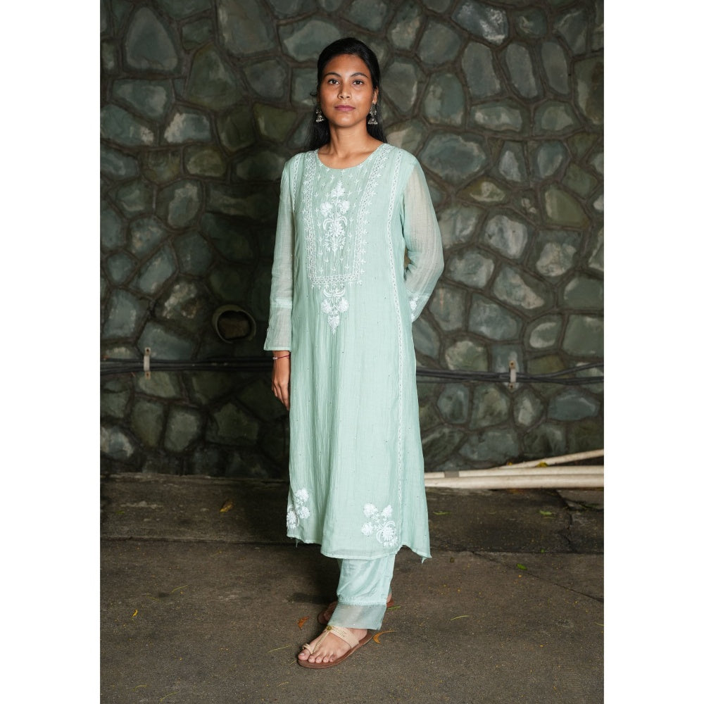 PANTS AND PAJAMAS Aqua Chikan Chanderi Mull Kurta