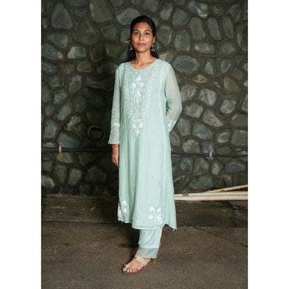 PANTS AND PAJAMAS Aqua Chikan Chanderi Mull Kurta