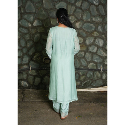 PANTS AND PAJAMAS Aqua Chikan Chanderi Mull Kurta