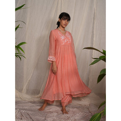 PANTS AND PAJAMAS Peach Chikan Chanderi Mull Kurta