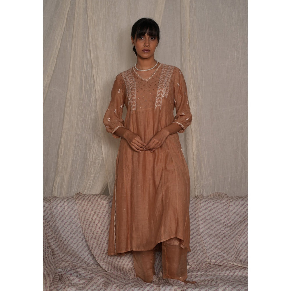 PANTS AND PAJAMAS Beige Chikan Chanderi Mull Kurta