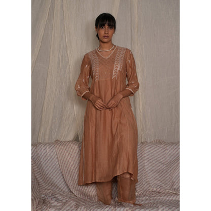 PANTS AND PAJAMAS Beige Chikan Chanderi Mull Kurta