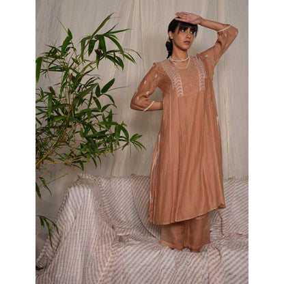 PANTS AND PAJAMAS Beige Chikan Chanderi Mull Kurta