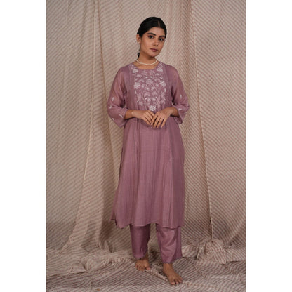 PANTS AND PAJAMAS Lilac Chikan Chanderi Mul Kurta