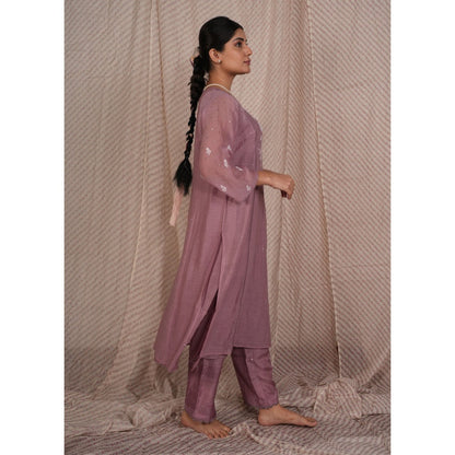 PANTS AND PAJAMAS Lilac Chikan Chanderi Mul Kurta