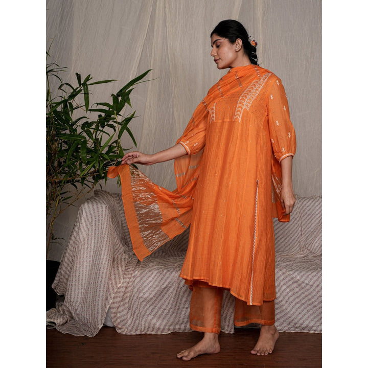 PANTS AND PAJAMAS Orange Chikan Chanderi Mull Kurta